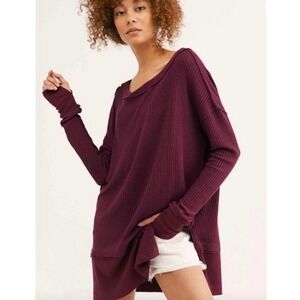 We The Free Burgundy Waffle Knit Oversized Thermal Long Sleeve Top Womens Medium